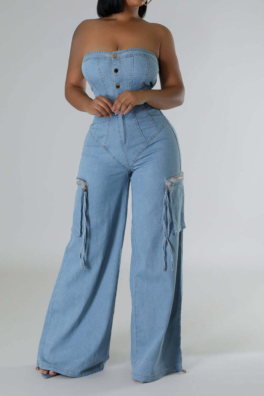 Slim Fit Strapless Denim Jumpsuit