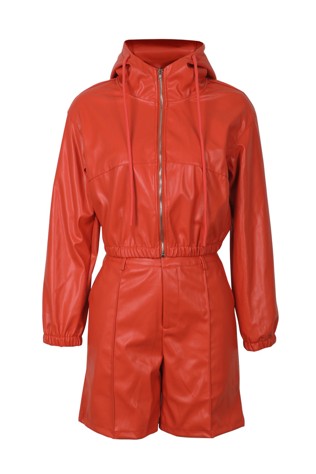 Leather-Look Hooded Jacket & Bermuda Shorts Set