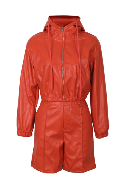 Leather-Look Hooded Jacket & Bermuda Shorts Set