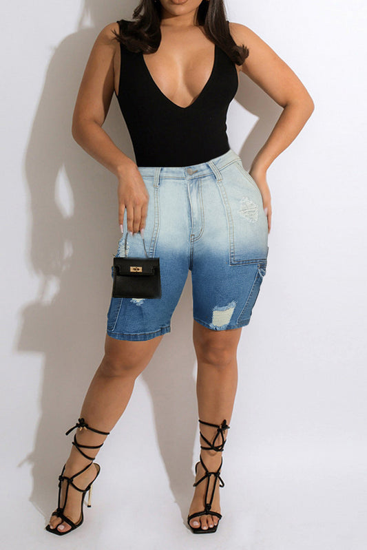 Color-Fade Ripped Jeans Shorts