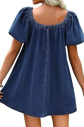 Bubble Sleeve Square Neck Denim Babydoll Dress