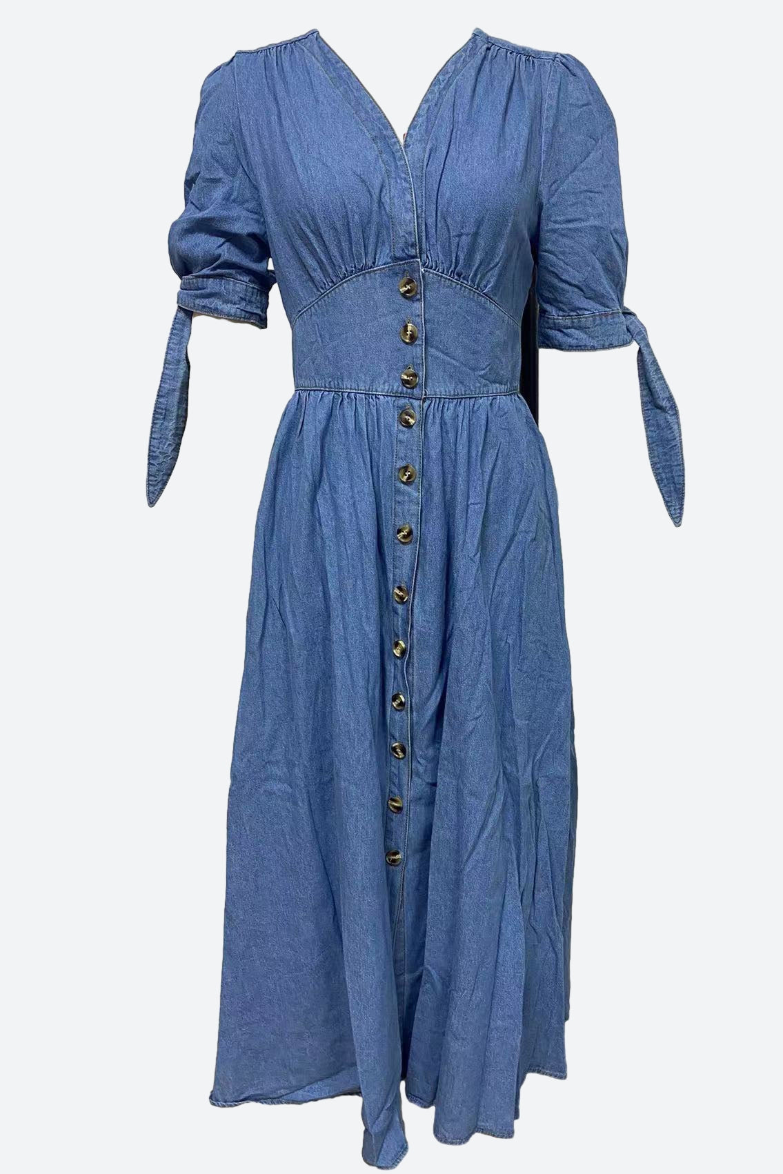 Single-Breasted V-Neck Denim Dress