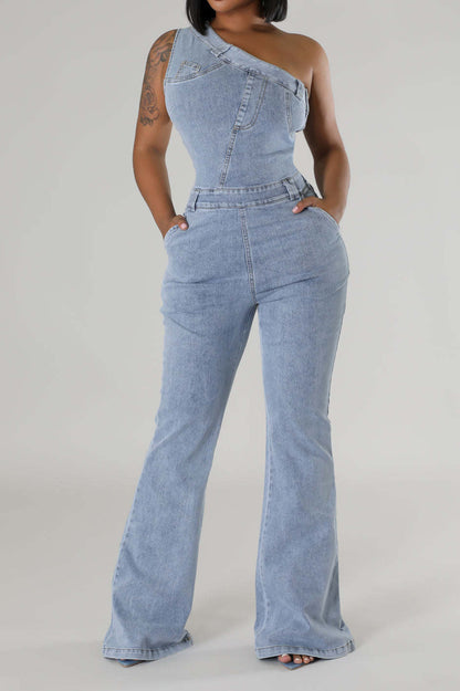 One Shoulder Denim Jumpsuit