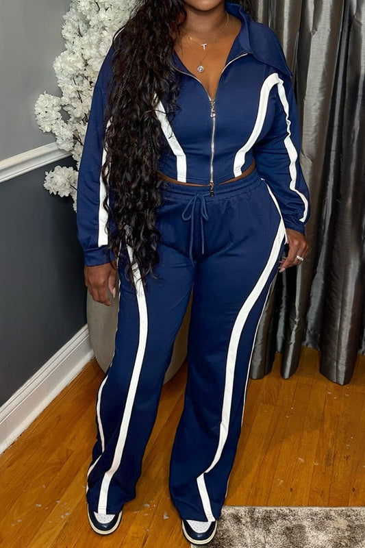 Striped Patchwork Zip-Up Top & Wide Leg Pants Set