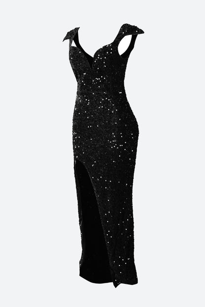 Burgundy Sequin Corset Slit Sweep Dress
