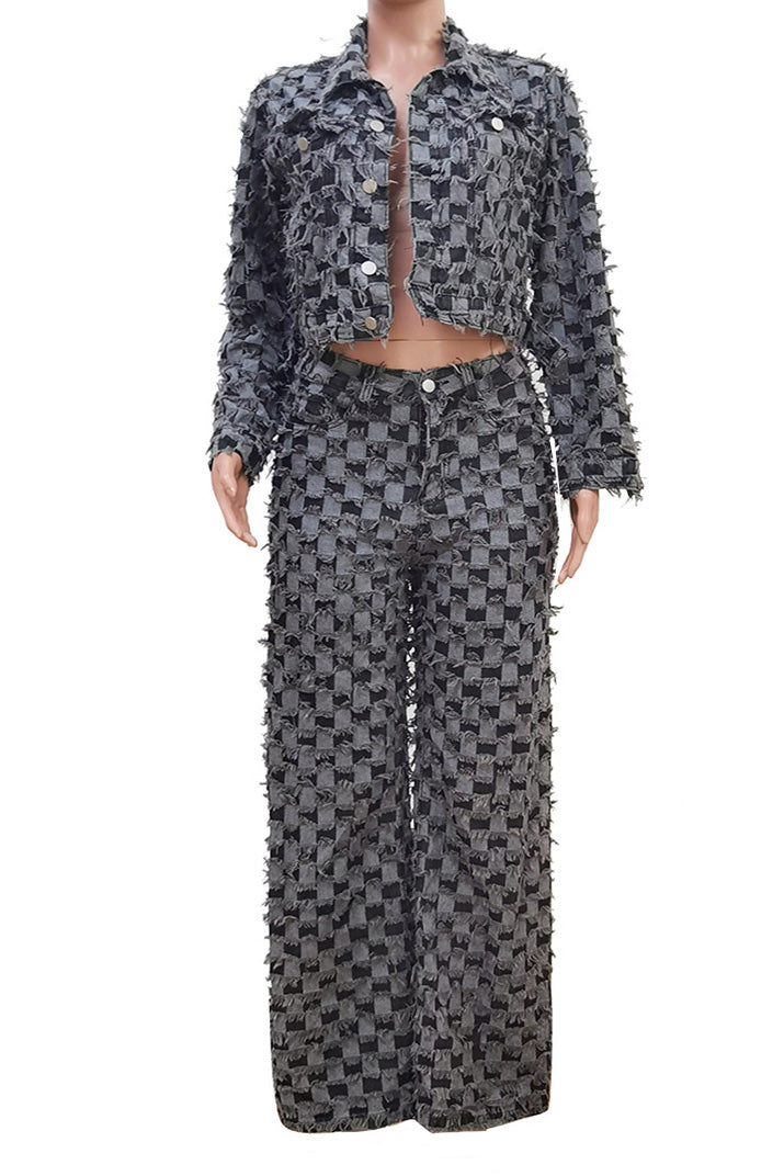Checkered Denim Jacket & Pants Set