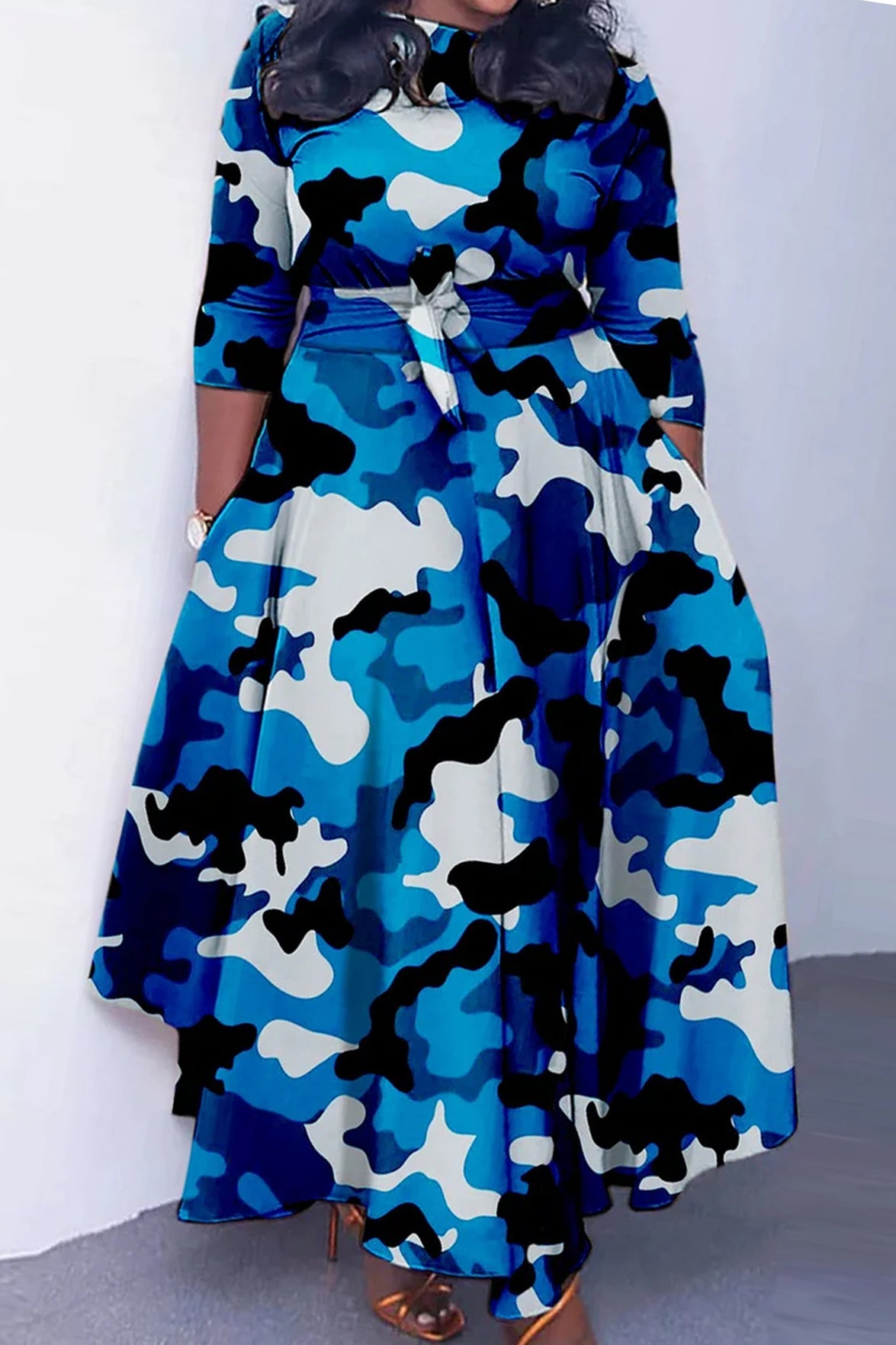 Print Crew Neck Half Sleeve Belted Dress