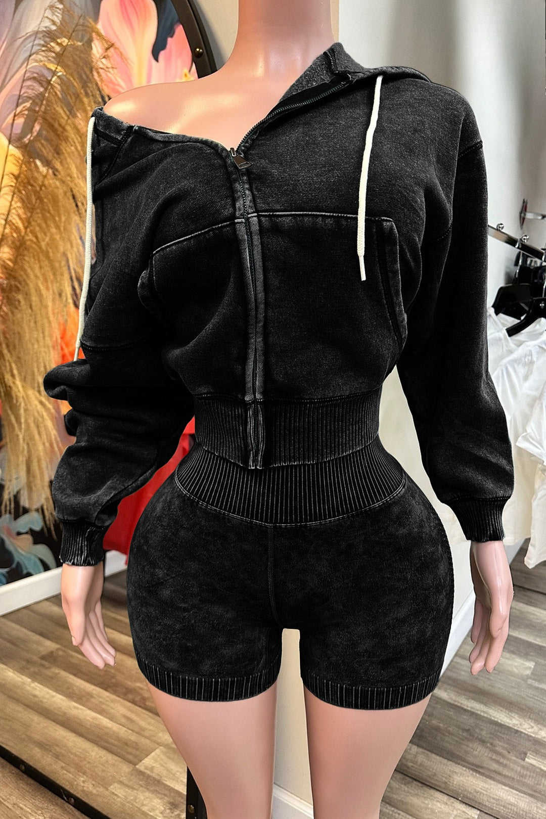 Mineral Wash Zip Hoodie & Shorts Set