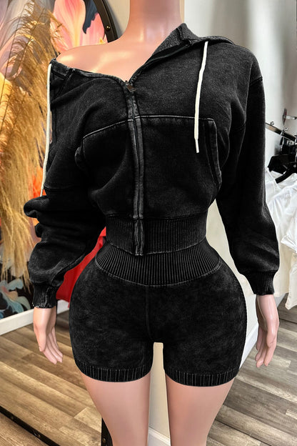Mineral Wash Zip Hoodie & Shorts Set