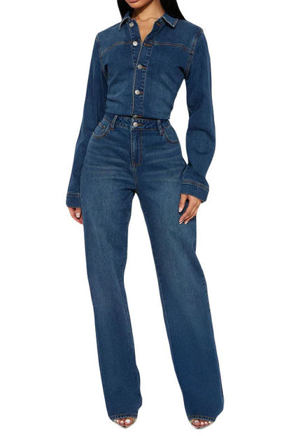 Stretch Flare Long Sleeve Denim Jumpsuit