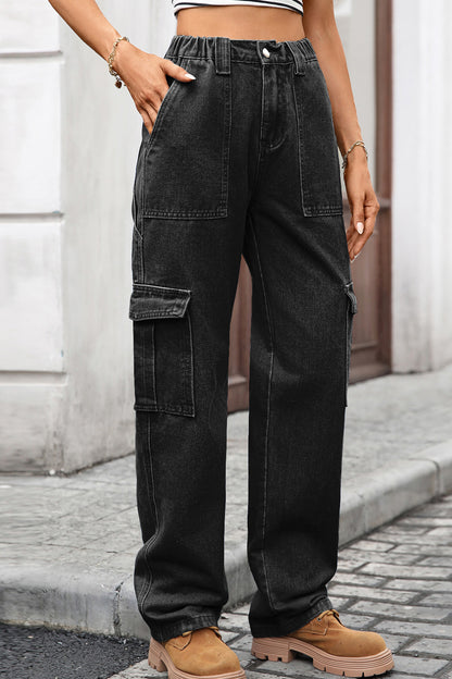 High Waist Elastic Baggy Cargo Jeans