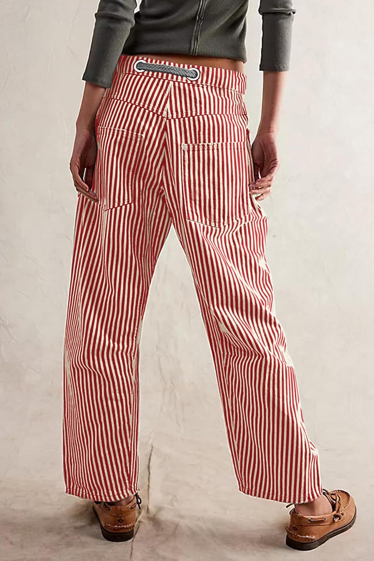 Loose Casual Striped Wide Leg Drawstring Trousers