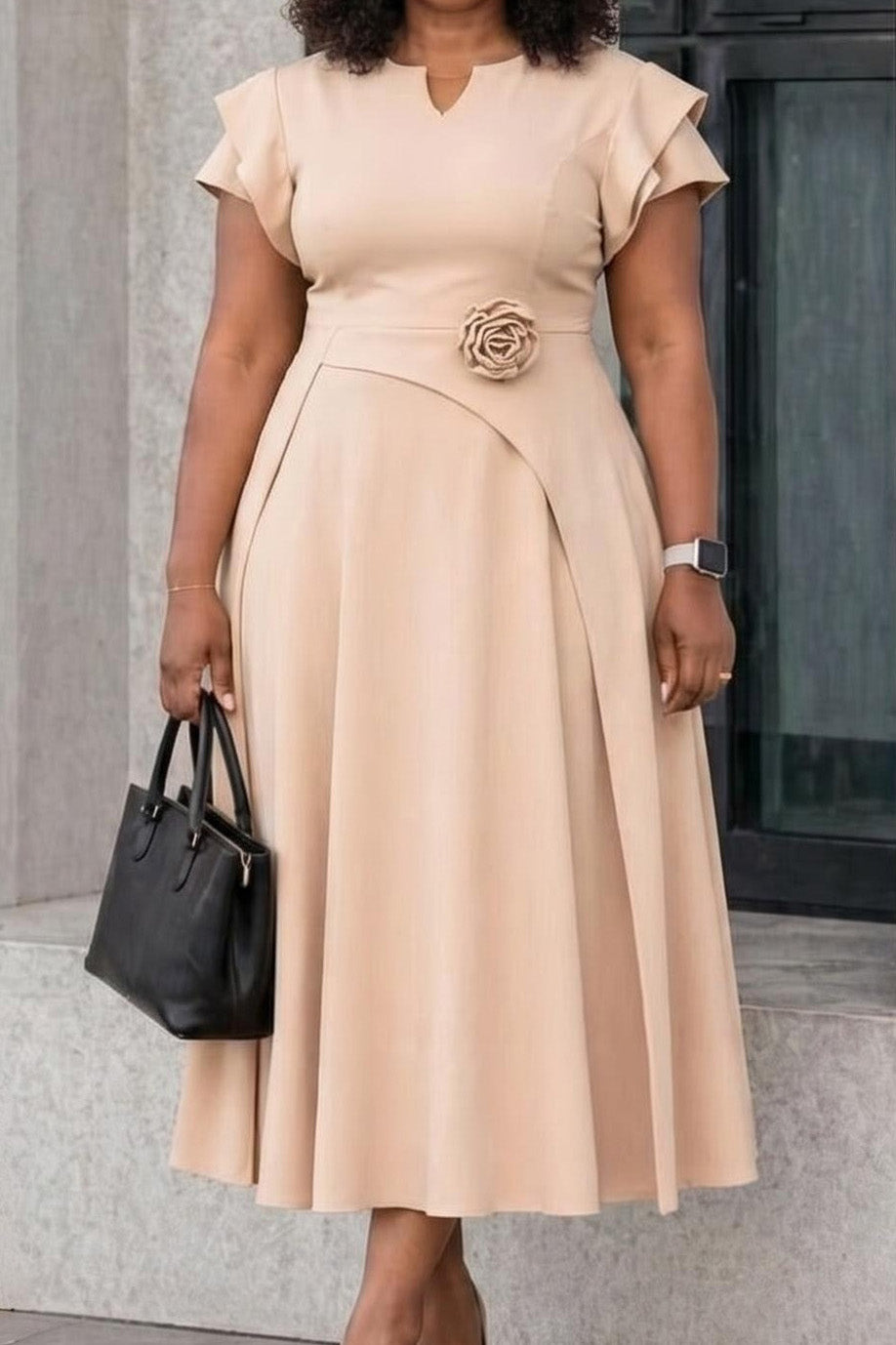 3D Floral Notched Neck A-Line Midi Dress