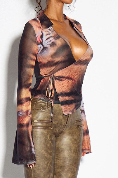 Tiger-Print Tie-Front Mesh Shirt