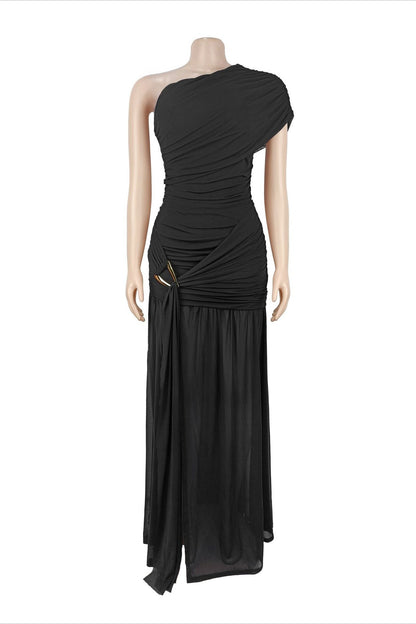 One Shoulder Ruched High Slit Maxi Dress