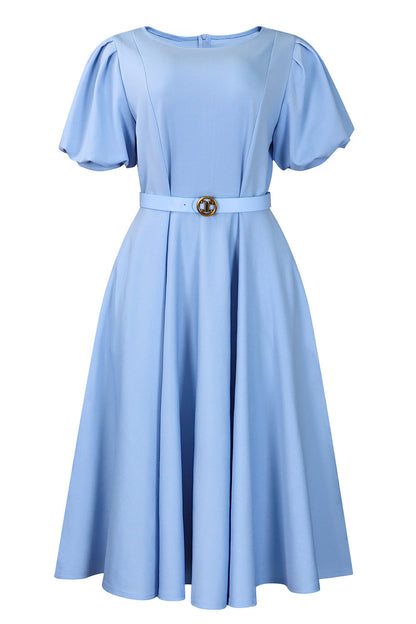 Puff Sleeve High Waist Solid Round Neck Dress
