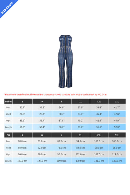 Denim Print Strapless Wide Leg Jumpsuit