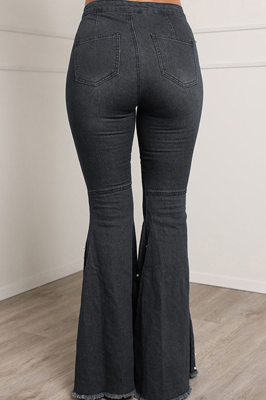 Pearl Decor Buttons Denim Flare Leg Jeans