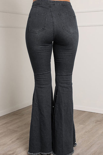Pearl Decor Buttons Denim Flare Leg Jeans