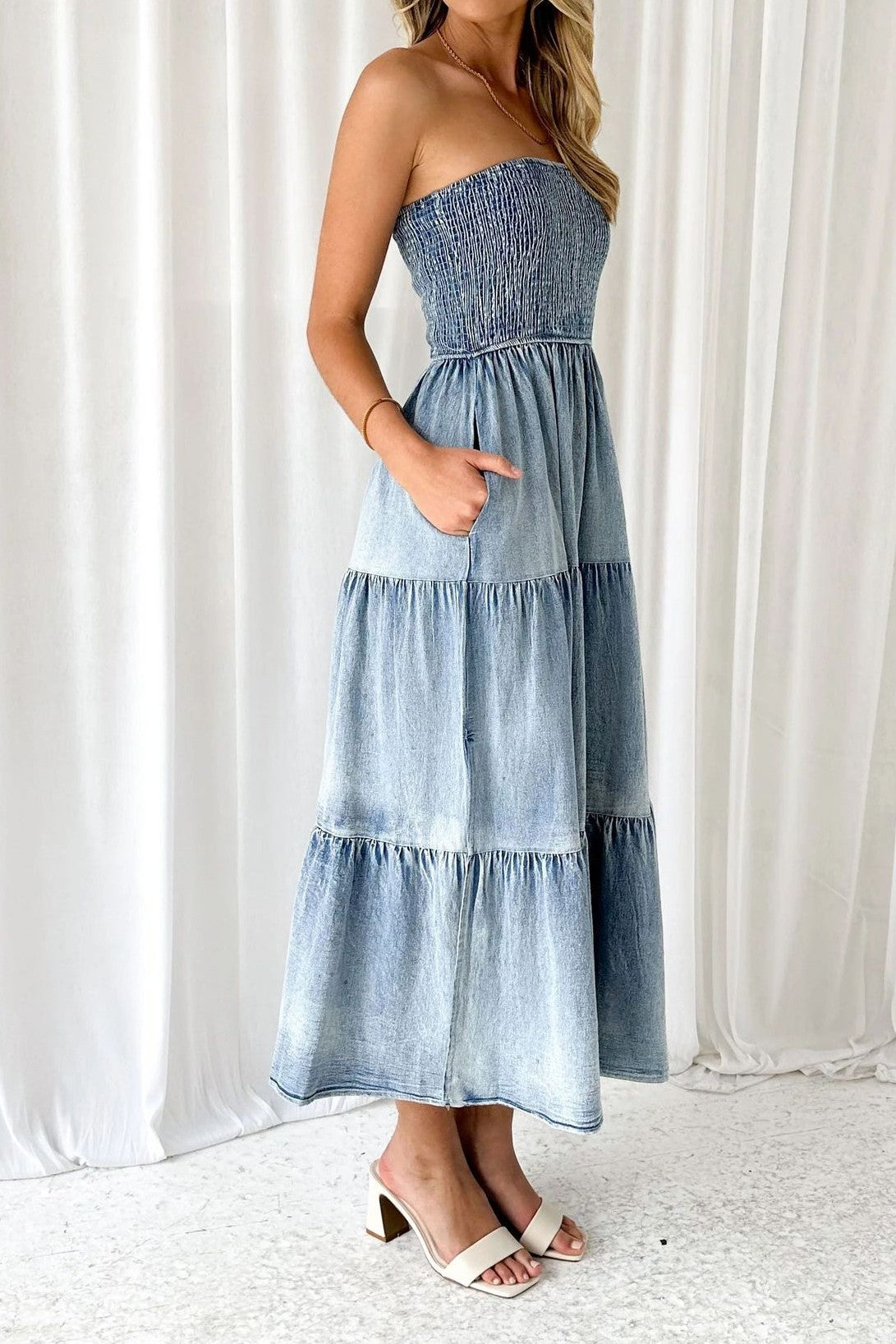 Strapless Side Slit Layered Denim Dress