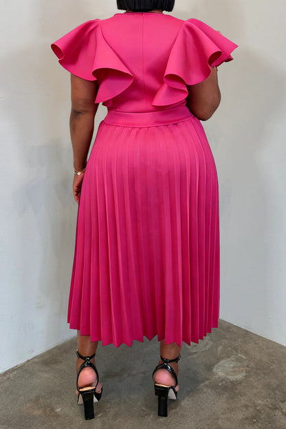 Plus Size Ruffle Sleeve Pleated Dress