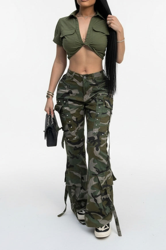 Camouflage Multi-Pocket Button Cargo Pants