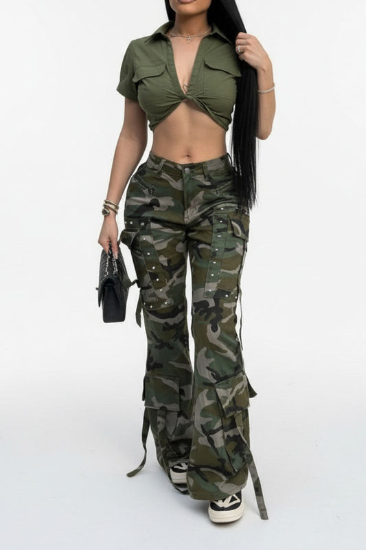 Camouflage Multi-Pocket Button Cargo Pants