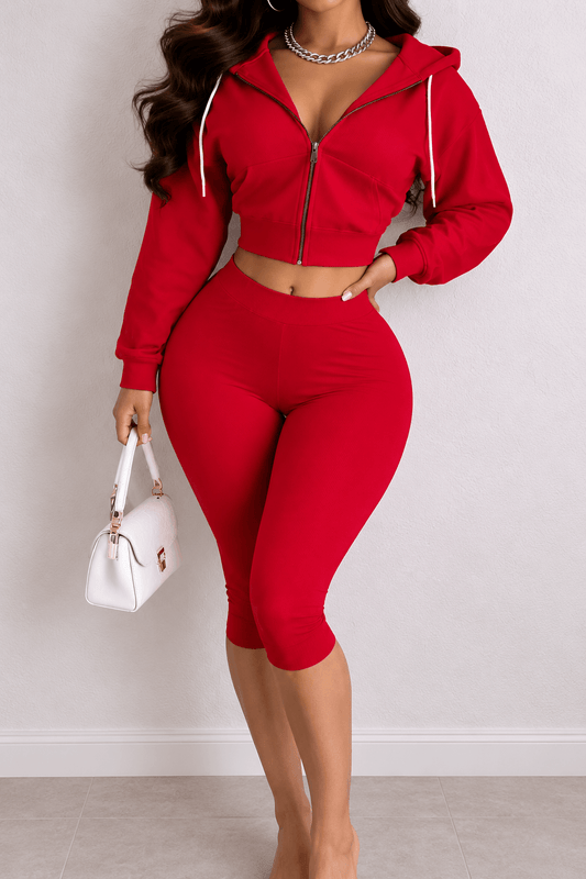 Cropped Zip Hoodie Biker Shorts Set