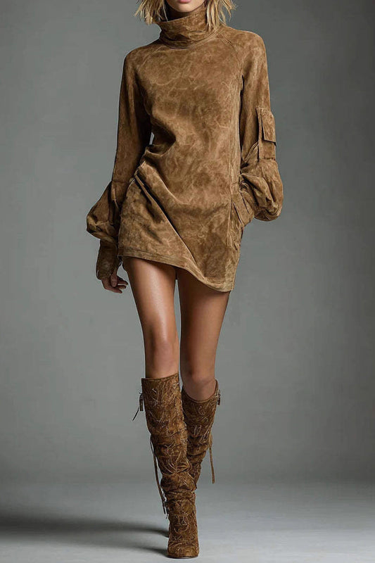 High Neck Long Sleeve Pocket Mini Dress