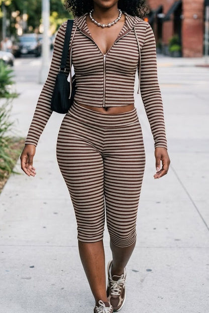 Striped Zip Hoodie & Foldover Capri Pants Set