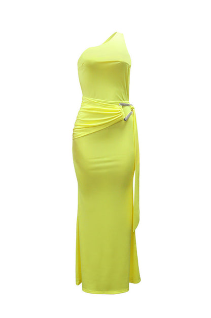 One-Shoulder Open Back Ruched Maxi Dress