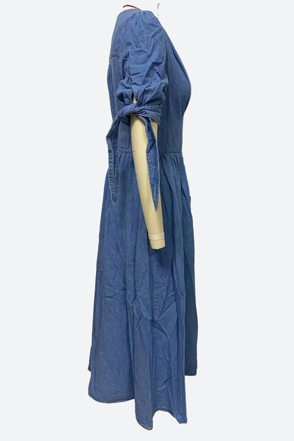 Single-Breasted V-Neck Denim Dress