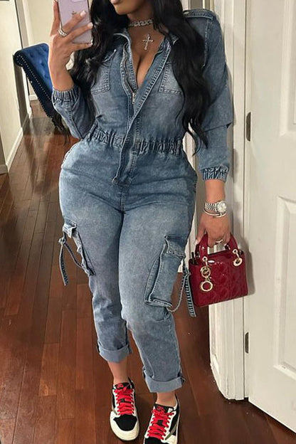 Denim Cargo V Neck Long Sleeve Tunic Jumpsuits