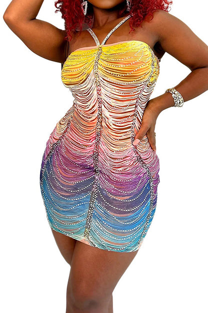 Gradient Mesh Rhinestone Dress