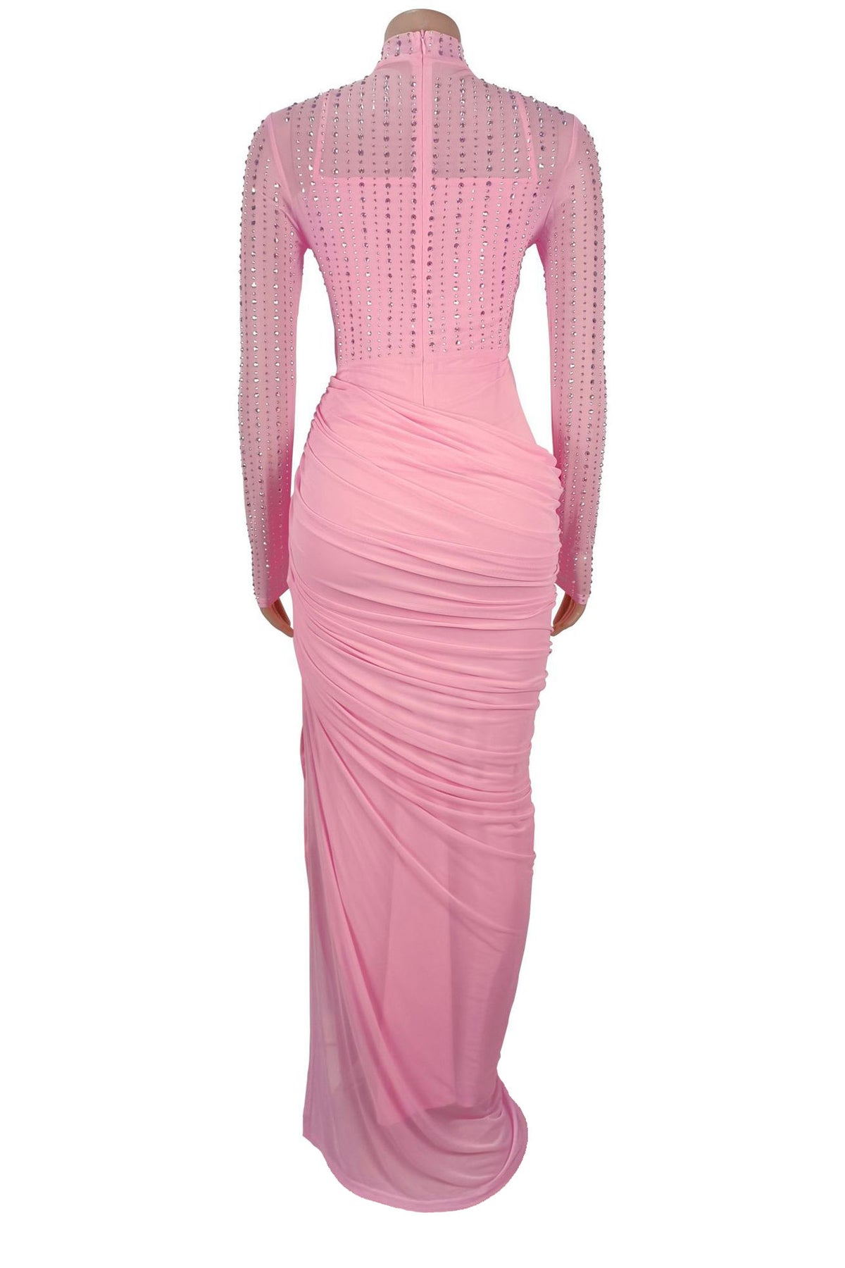 Beaded High-Neck Ruched Mesh Maxi Dress