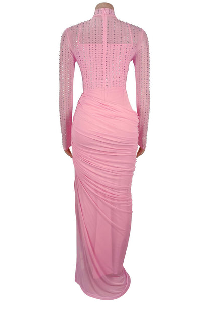 Beaded High-Neck Ruched Mesh Maxi Dress