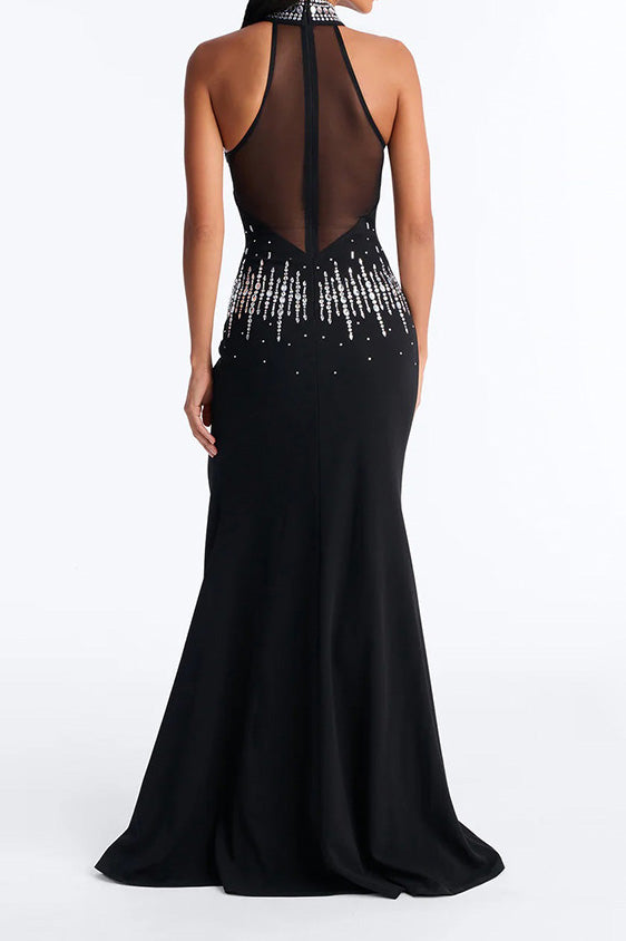 Rhinestone Sheer Halter Slit Maxi Gown