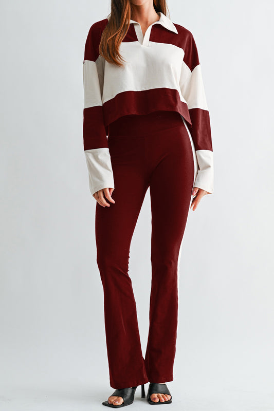 Colorblock Polo Top & Flare Pants Set