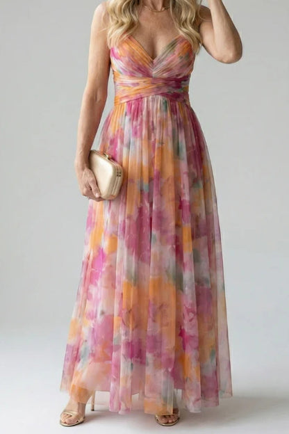 Abstract Chiffon Cutout Backless Maxi Dress