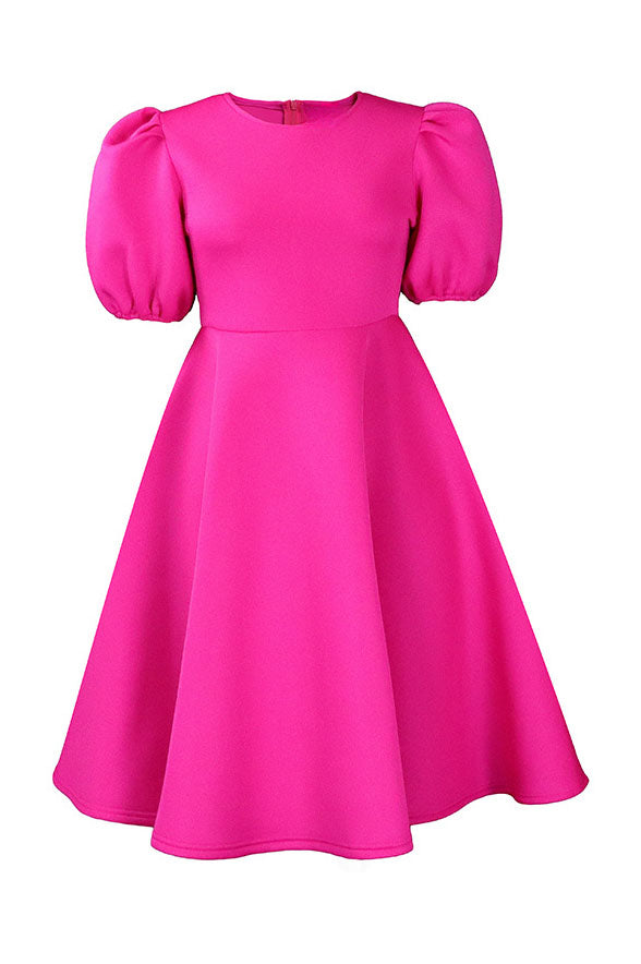 Round Neck Sleeve Slim Waist Swing A-Line Dress