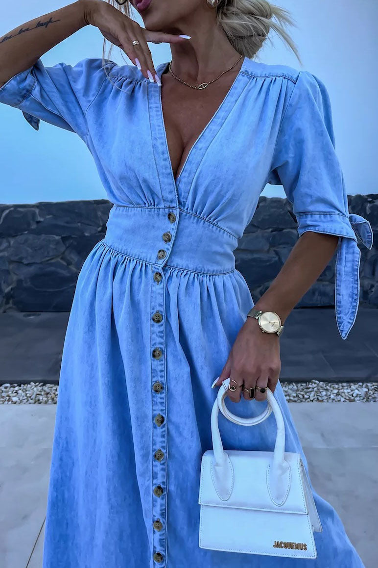 Single-Breasted V-Neck Denim Dress