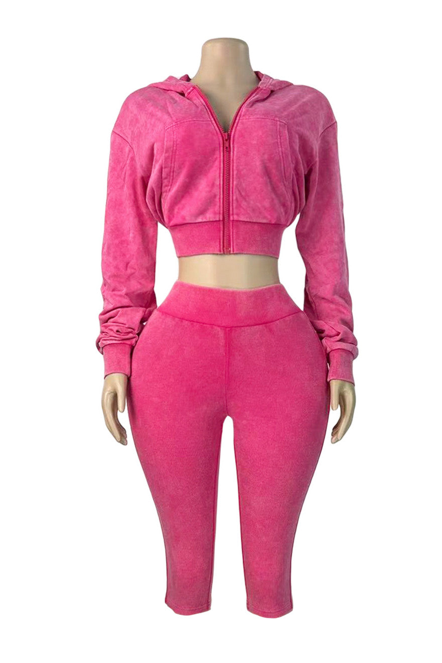 Washed Hoodie & Ribbed Capri Leggings Set