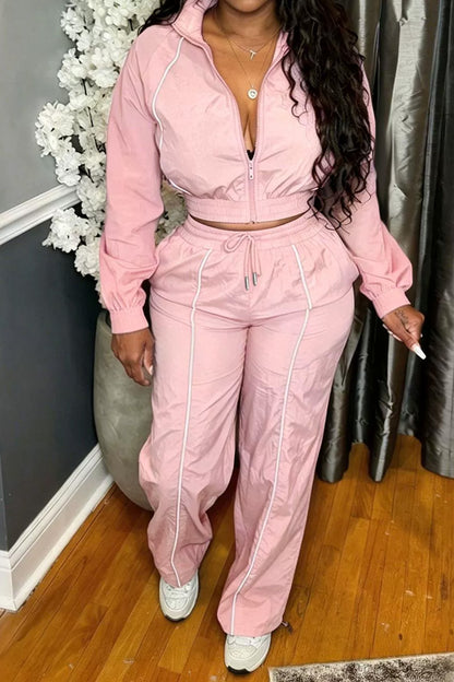 Zip-Front Piped Top & Wide-Leg Pants Set