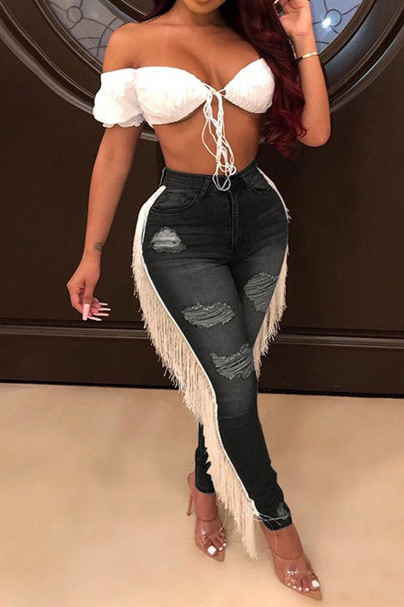 High-Rise Fringe Trim Distressed Skinny Jeans