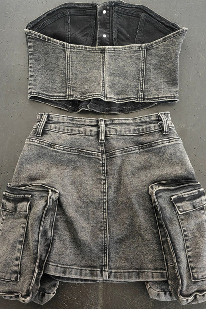Denim Cargo Skirt Set