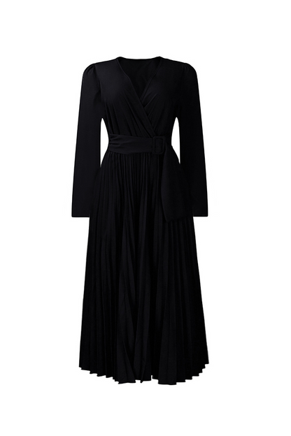 V Neck Long Sleeve Pleated Midi Dress