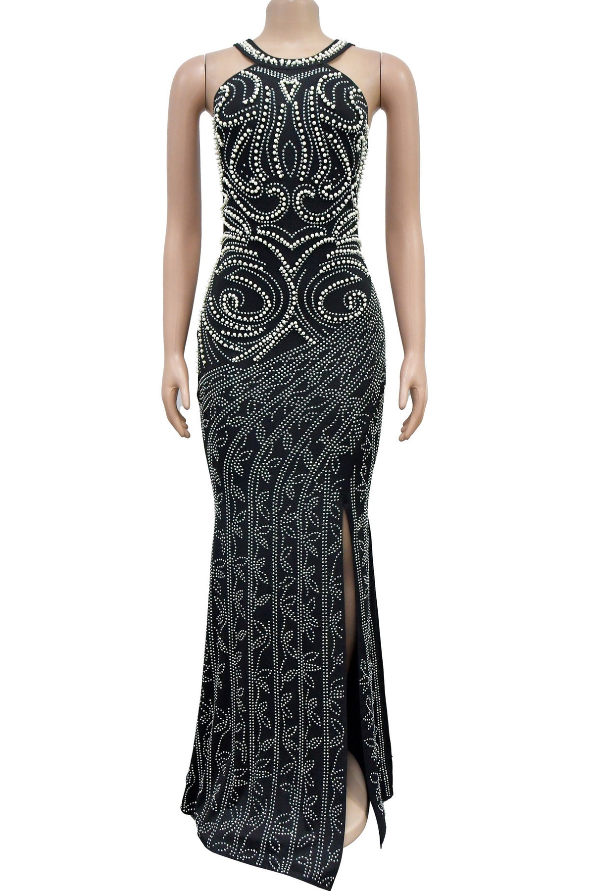 Solid Rhinestone Backless Split Maxi Dress