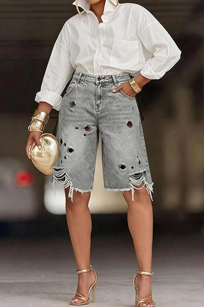 Grommet Distressed Denim Bermuda Shorts