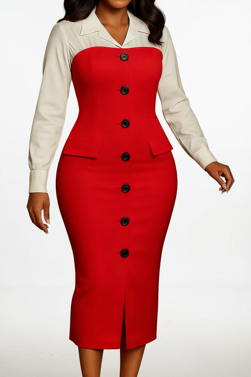 Long Sleeve Blazer Collar Pencil Skirt Dress
