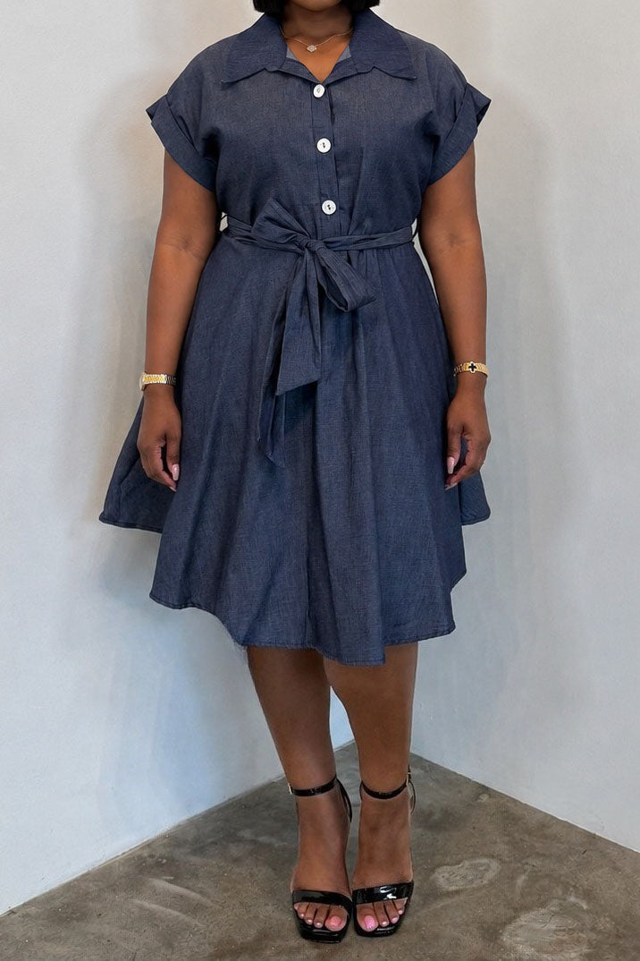 Plus Size Denim Button-Front Tie-Waist Shirt Dress